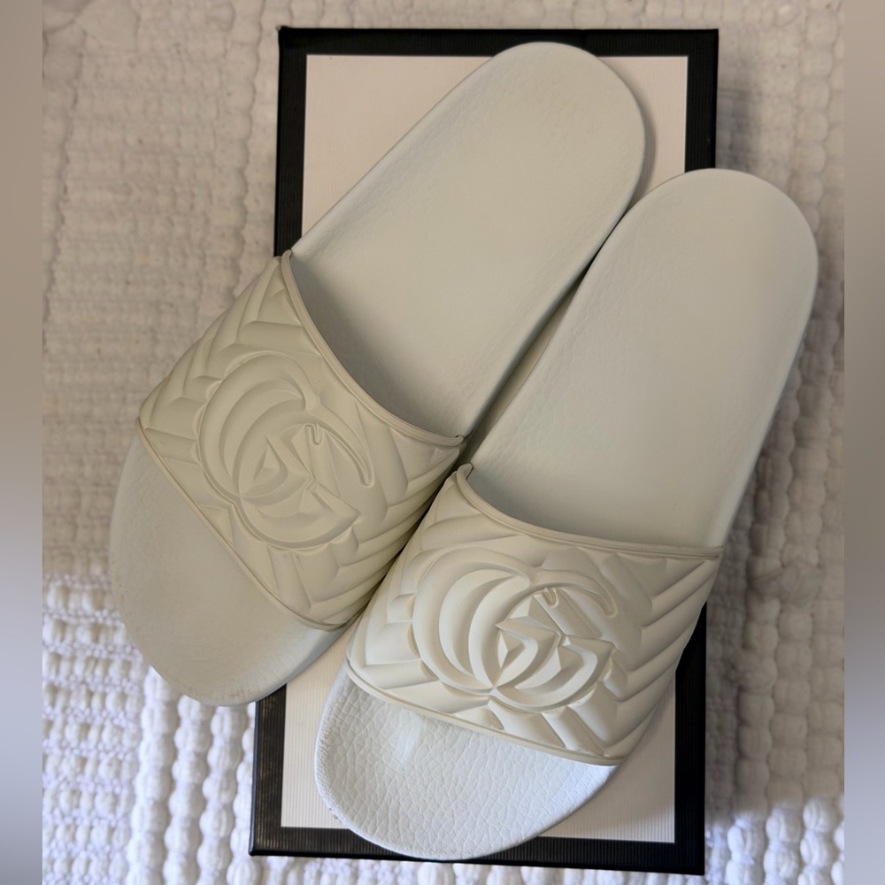 Gucci Cream Embossed Slide Sandals
